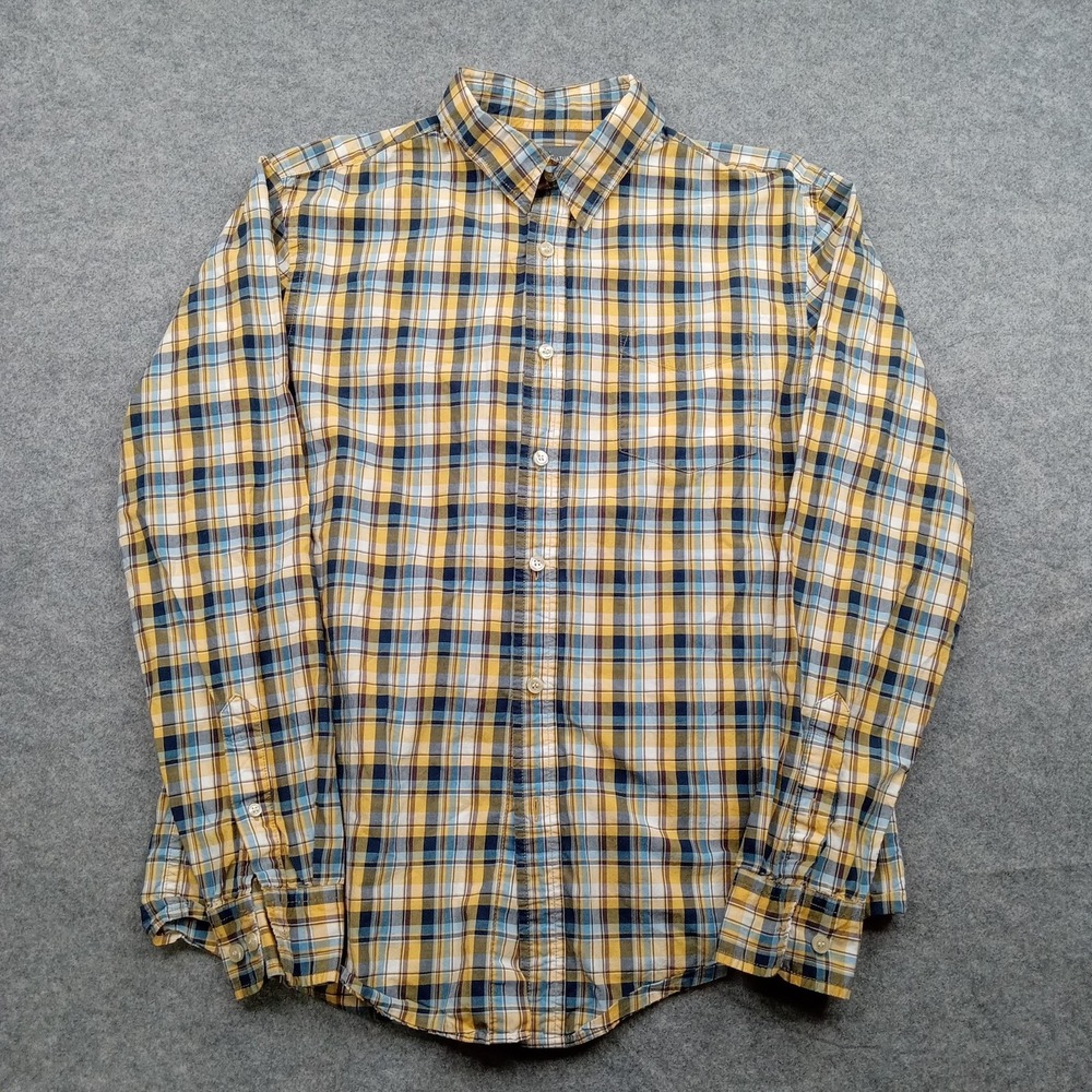 LL Bean Signature Shirt Mens Medium Yellow Plaid Button Front Long Sleeve Casual